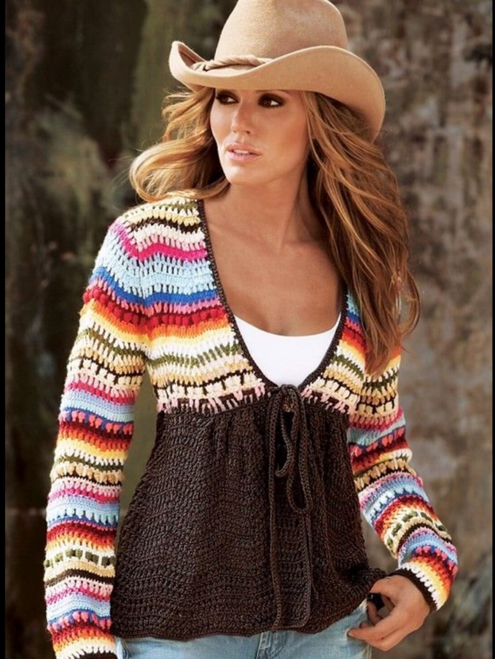 Boston Proper Multicolor Stripe Crocheti Sleeve Brown V-Neck Sweater size S